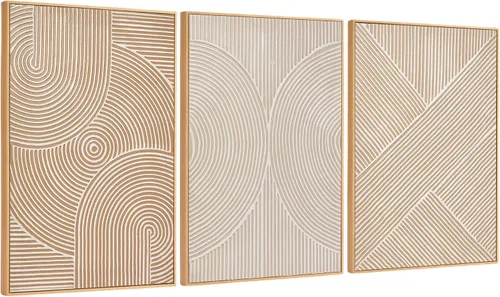 Miniatura 11 de Pintura de Arte de Pared Abstracta Neutra Enmarcada - Decoración de Pared de Lienzo Abstracto Grande con Ilustraciones de Curvas 3D Pintado a Mano