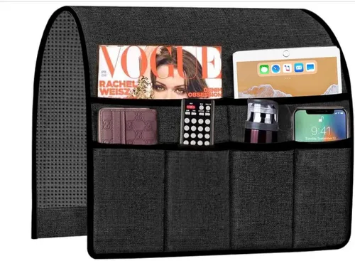Miniatura 6 de Organizador de reposabrazos de sofá, soporte remoto de TV para sillón con 6 bolsillos para colgar control remoto, soporte grueso para sillón, Beige