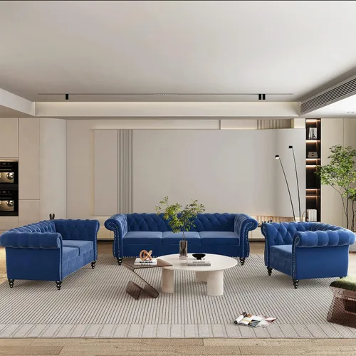 Miniatura 9 de QHITTY Juego de 2 piezas para sala de estar, Silla Sofá Seccional Chesterfield Contemporáneo Tapizado de Terciopelo Loveseat Juegos de Sofá para Azul