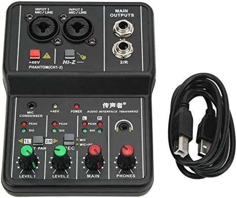 Mezclador de audio de 2 canales, mini consola mezcladora DJ de audio de 2 canales con 16 bits, resolución de audio de 48 KHZ, fuente de alimentación