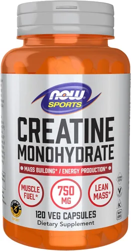 NOW Nutrición Deportiva, Monohidrato de Creatina 750 mg, Edificio Masivo*/Producción de Energía*, 120 Cápsulas Vegetales
