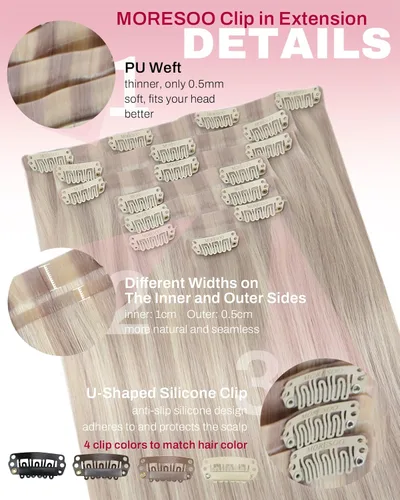 Miniatura 4 de Moresoo Extensiones de cabello humano con clip, sin costuras, color rubio ceniza con rubio, extensiones de cabello humano real con clip, de 20 #