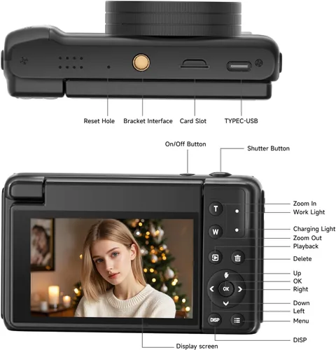 Miniatura 7 de Cámara digital 4K para fotografía y videoblogs de 64 megapíxeles para YouTube con pantalla giratoria de 3" 180°, cámara compacta de viaje