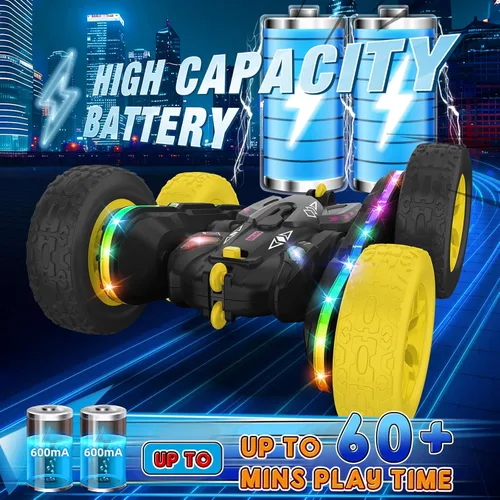 Miniatura 4 de Jimdella Auto de control remoto, autos RC con tira de luz lateral y faros, auto de acrobacias RC giratorio de doble cara de 360°, juguetes todo LED
