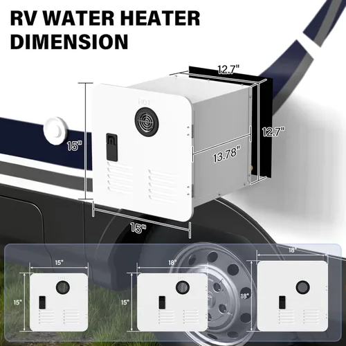 Miniatura 5 de Calentador de agua sin tanque RV de 65,000 BTU, calentador de agua caliente de propano RV con salida de agua frontal, puerta blanca de 15 x 15