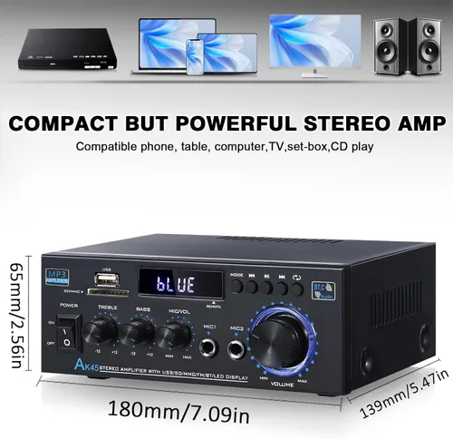 Miniatura 3 de AK45 - Amplificador de audio estéreo para el hogar con Bluetooth, 300 W, amplificador de potencia de 2.0 canales para sistema estéreo doméstico