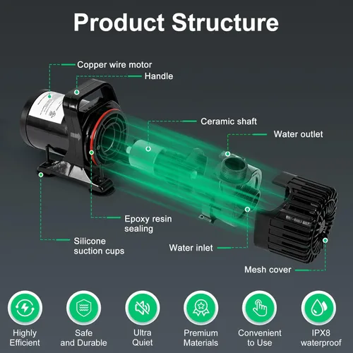 Miniatura 4 de Bomba Sumergible para Estanque de 150W 3200 GPH para Estanques al Aire Libre y Jardines Acuáticos, Bomba de Cascada para Estanque con Salida
