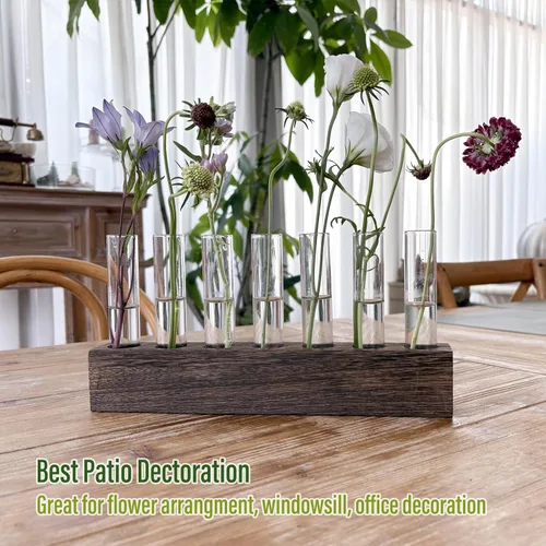 Miniatura 9 de KAXYEW Estación de Propagación de Plantas de Escritorio de Vidrio con Tubo de Ensayo, Terrario de Plantas en Soporte de Madera para Plantas Marrón