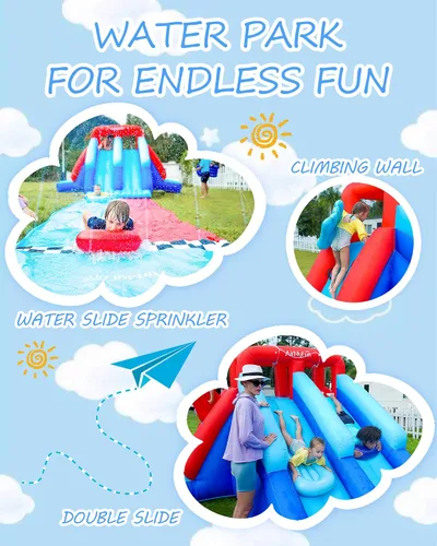 Miniatura 6 de AirMyFun Casa inflable de dinosaurio, tobogán acuático inflable de 2 toboganes para niños con pared de escalada, pozo de pelotas y portería
