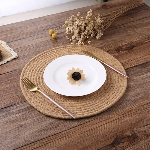 Miniatura 14 de Paquete de 4 manteles individuales de tejido ovalado y juego de 4 posavasos redondos de tela, manteles resistentes al calor, antideslizantes, Negro