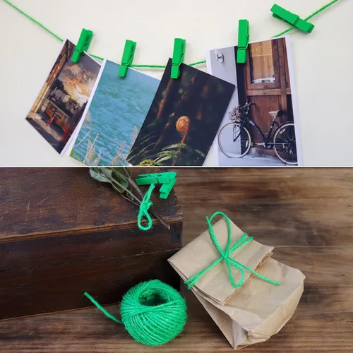 Miniatura 5 de HSTECH 100 piezas de mini pinzas de madera natural verde y 25 m de cuerda de yute, pinzas para ropa de bebé, pinzas de 3.5 cm para manualidades