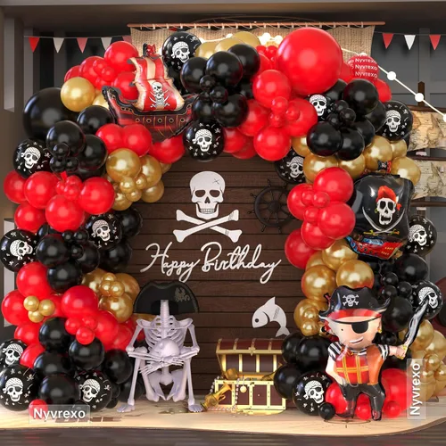 Miniatura 4 de Decoraciones de fiesta de cumpleaños pirata, 142 piezas de guirnalda de globos dorados metálicos rojos, negros, kit de arco de arco de globos