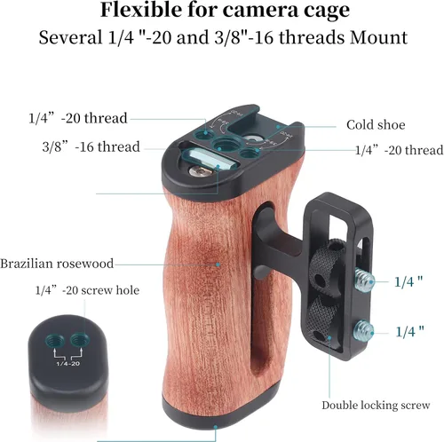 Miniatura 2 de Fotga Mango lateral de madera con 1/4 "-20 agujeros de montaje Cold Shoe para cámara de video DSLR sin espejo, jaula de micrófono llave incorporada