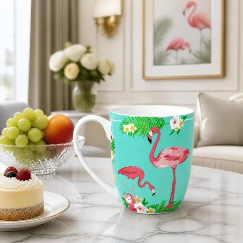 Miniatura 5 de Taza de porcelana de hueso flamenco de 12.5 oz con plantas tropicales Porcelana de hueso ligera, ideal para los amantes del flamenco, taza de café