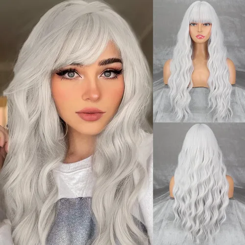 Miniatura 7 de Peluca larga de color rubio ceniza con flequillo, pelucas onduladas y rizadas gris rubio de aspecto natural, peluca de fibra sintética resistente al