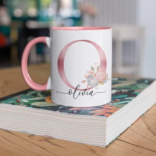 Miniatura 5 de Taza de café personalizada, regalo para mujeres, taza de café personalizada con nombre e inicial, 11 onzas, rosa, taza de cerámica personalizada