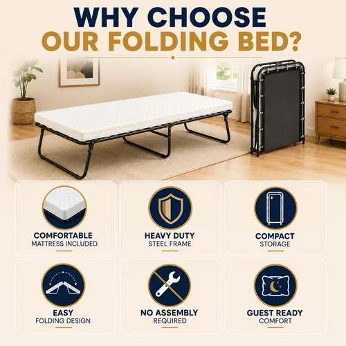 Miniatura 9 de Greaton, 14″ High Folding Guest Bed with 3″ Memory Foam Mattress – Sturdy Metal Frame, Easy Access for Seniors, Underbed Storage, Comfortable Bed