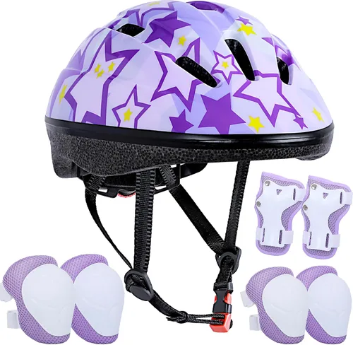 Miniatura 8 de Casco de bicicleta para niños de 3 a 8 años, casco ajustable para niños y niñas, casco ajustable con rodilleras, coderas, muñequeras