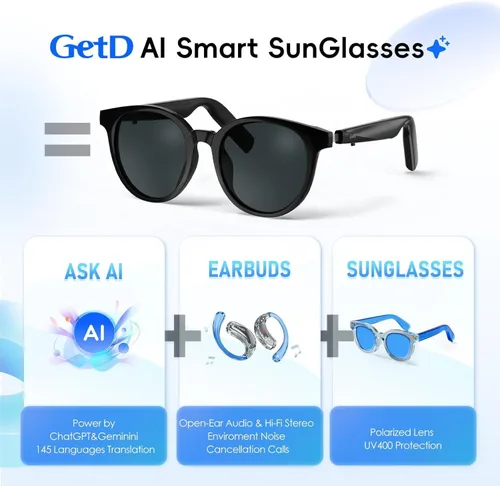 Miniatura 2 de GetD Gafas de sol inteligentes 2026 para hombres y mujeres, gafas de sol inteligentes impulsadas por ChatGPT con traducción de 145 idiomas, lentes
