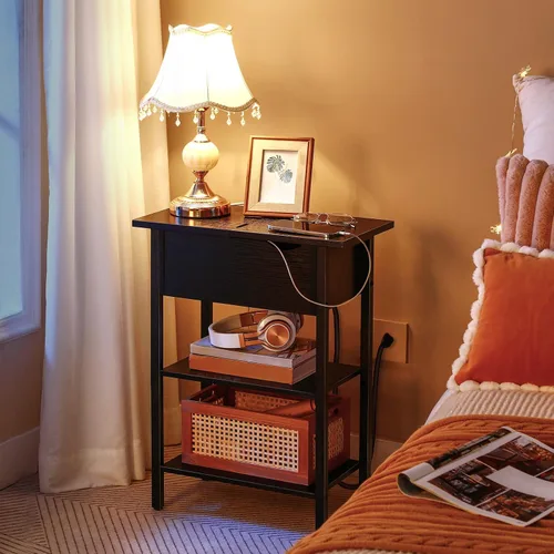 Miniatura 4 de HOOBRO - Mesa auxiliar lateral, mesa de centro abatible con estación de carga y estantes, puertos USB y tomas de corriente, mesita de noche estrecha
