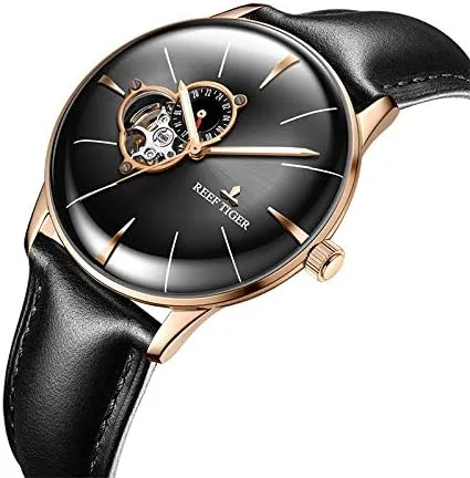 Miniatura 3 de REEF TIGER Relojes de vestir de lujo para hombre oro rosa Tourbillon relojes automáticos correa de cuero RGA8239