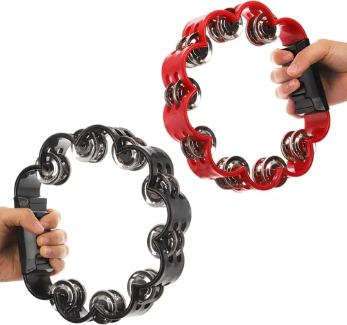 Miniatura 3 de Okllen Paquete de 4 panderetas de percusión de mano de doble fila, jingles de metal, campanas de pandereta, instrumento musical para adultos