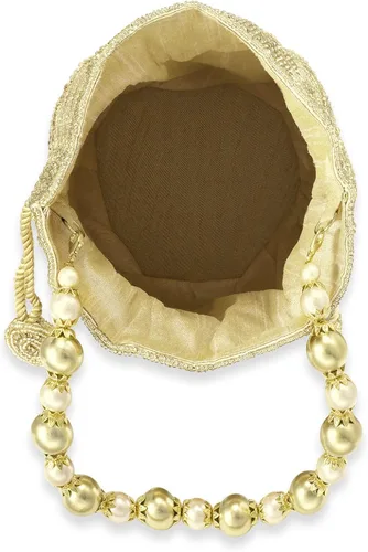 Miniatura 7 de Aheli Gold Potli - Bolsas de noche para mujer, bolso de mano étnico con cordón (P70G), Oro