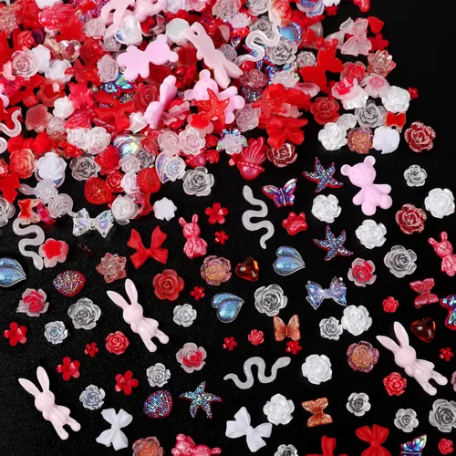 Miniatura 5 de COOSLIM 110 Piezas Dijes para Uñas 3D, Dijes de Resina Mariposa Oso para Uñas, Flor Rosa Lazo Conejo con Forma de Animal Piedras de Strass Perlas