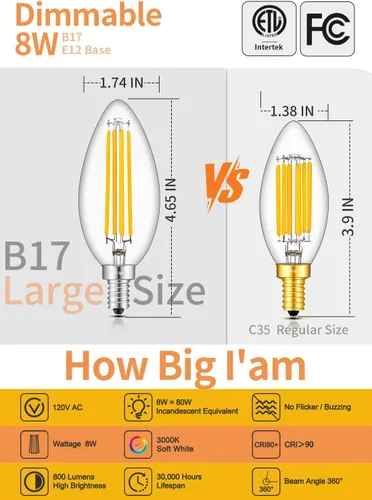 Miniatura 2 de Bombilla LED grande regulable de 8 W, equivalente a 80 W, 800 lúmenes, blanco suave de 3000 K, vela transparente B17 alargada y ampliada, filamento