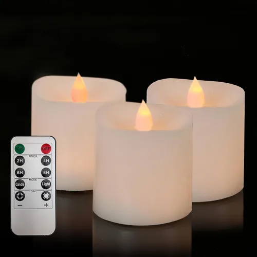 Miniatura 9 de Juego de 2 Velas sin llama parpadeantes de 3x3 pulgadas, cera real LED, pilas de 600 horas, velas con temporizador y control remoto, para bodas