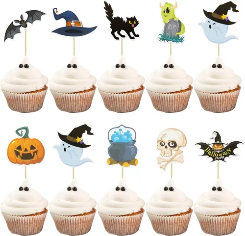 Miniatura 11 de Gyufise 24 adornos de Halloween para cupcakes con purpurina negra para dulce o truco de Halloween, decoraciones para baby shower, niños y niñas