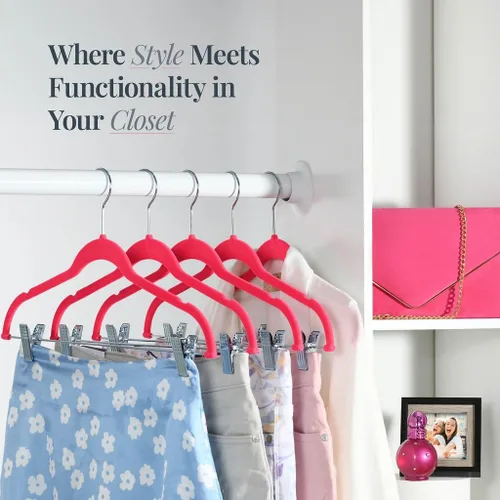 Miniatura 2 de Home-it - Paquete de 10 perchas para ropa con clips, perchas de terciopelo rosa, para colgar faldas, perchas para ropa, pantalones, perchas