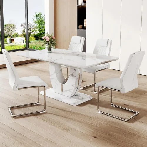 Miniatura 49 de Juego de 6 sillas de mesa de comedor para 6, juego de 6, moderno juego de comedor con mesa de comedor de mármol de 63 pulgadas, sillas tapizadas