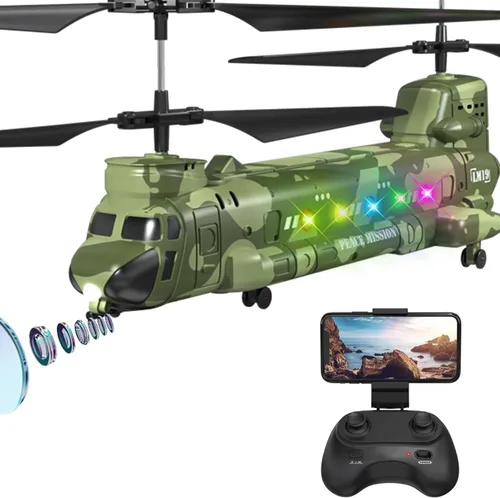 OBEST Helicóptero RC Chinook LM19-D, helicóptero militar de control remoto con cámara, doble hélice con retención de altitud, despegue/aterrizaje