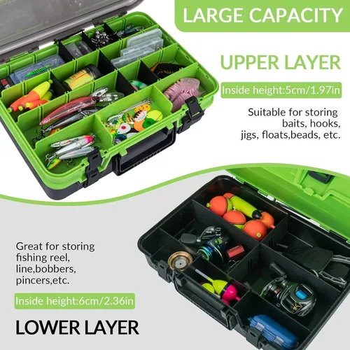 Miniatura 5 de THKFISH Caja organizadora de aparejos de pesca, cajas de pesca de doble capa, caja para exteriores, con divisores ajustables, 14.96 x 10.23 x 4.5