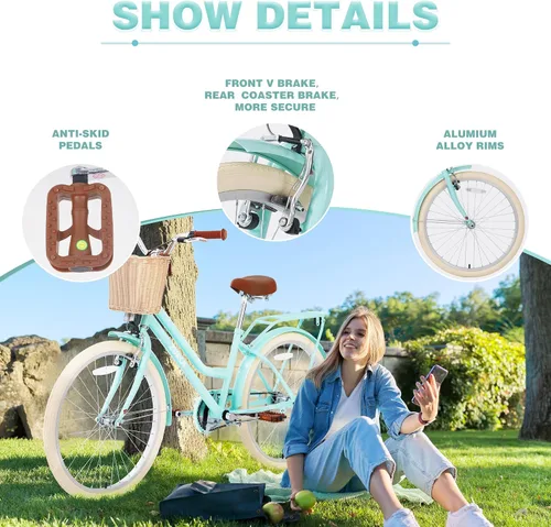 Miniatura 4 de ZUKKA Bicicleta para niños de 20/24 pulgadas con cesta de una sola velocidad, freno delantero en V y freno trasero para niños mayores de 7 años