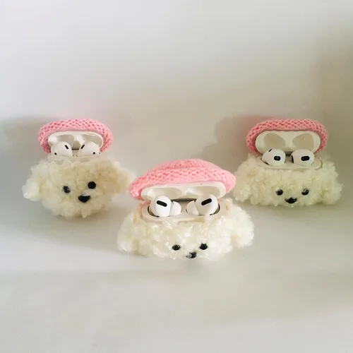 Miniatura 5 de Lindo estuche de felpa suave hecho a mano de piel blanca esponjosa para perros y perritos de peluche para Airpods2 Airpod de dibujos animados