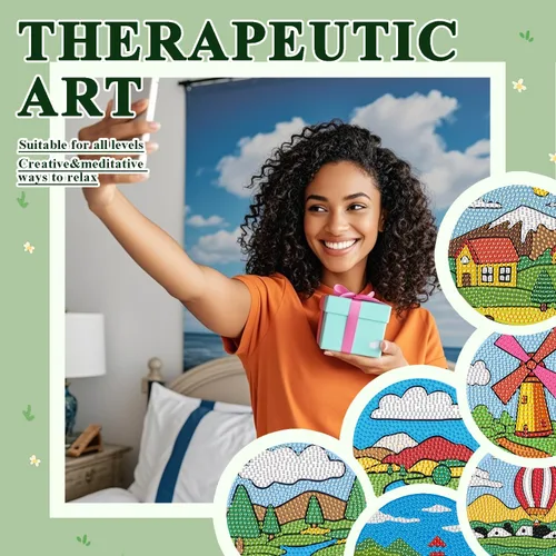 Miniatura 7 de Leatrice 6 piezas de posavasos de arte de diamante pequeños kits de pintura de diamante para adultos con puntos de diamante redondos, taladro