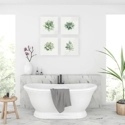 Miniatura 4 de Kunstorner Juego de 4 suculentas para decoración de pared de baño, juego de 4 imágenes suculentas para baño, acuarela, hojas verdes, estampado
