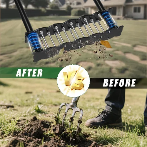 Miniatura 5 de Herramienta aireadora de césped, herramienta manual de acero inoxidable con base de resorte, diseño automático de limpieza de suciedad y hojas