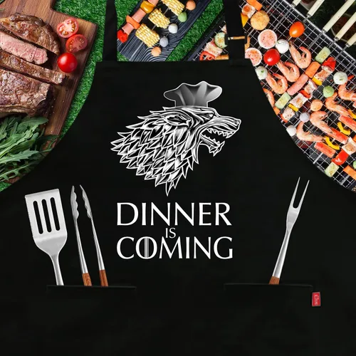 Miniatura 2 de Delantales de parrilla para hombres y mujeres, La cena se acerca Delantal de chef de cocina con 2 bolsillos y lazos de 40 pulgadas de largo, Black14