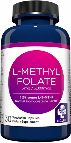 MD Life - Suplemento de L-metilfolato de 5 mg – Suplemento de Lmetilfolato activo de grado profesional – 30 cápsulas – L-metilfolato 5 mg – Máxima
