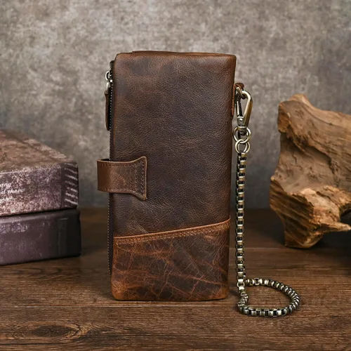 Miniatura 2 de Genuino Caballo Loco Cuero Regalo de Viaje Moneda Bolsillo Tarjetero Organizador Largo Cadena Rfid Cartera Monedero Con Broche Para Hombres Hombres