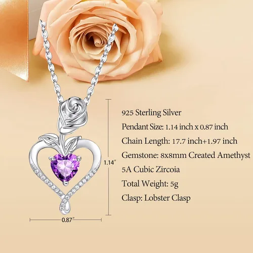 Miniatura 3 de Collares de piedra natal para mujer, a la moda, collar con colgante de corazón de flor de rosa de plata de ley 925, chapado en oro blanco de 14