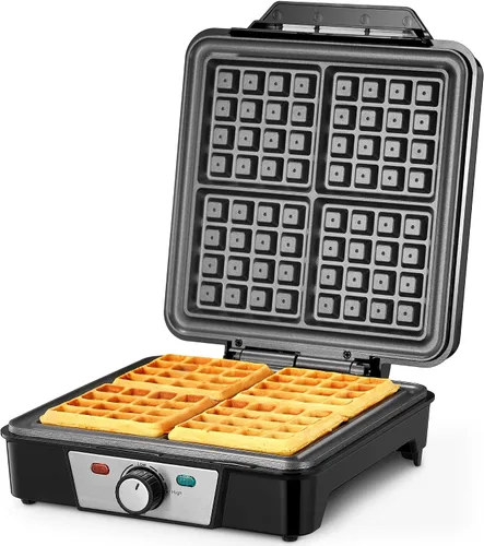 Máquina de gofres belga de 4 rebanadas, plancha para gofres de 1200W, plancha antidesbordamiento con perilla de tostado, placas antiadherentes,