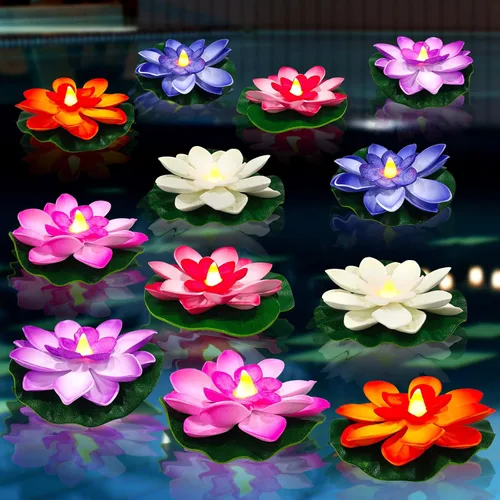Miniatura 8 de Paquete de 6 velas de té de loto flotantes – Velas LED de lirio de agua de 4 pulgadas para piscina, baño, boda, decoración de fiesta, luces