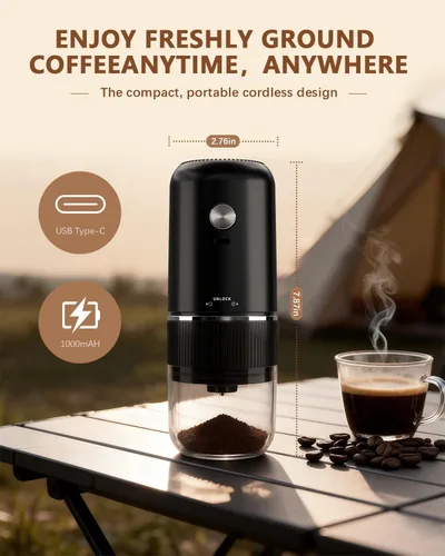 Miniatura 7 de Molinillo de café eléctrico portátil, molinillo de café automático con diseño de carga inalámbrica USB tipo C, ajustable de grueso a fino para Negro