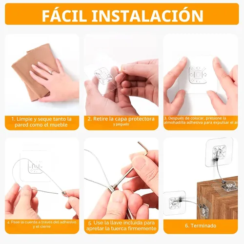 Miniatura 7 de Anclajes metálicos para muebles (10 paquetes) a prueba de bebés, correas adhesivas de seguridad de pared para muebles de 14 pulgadas para niños