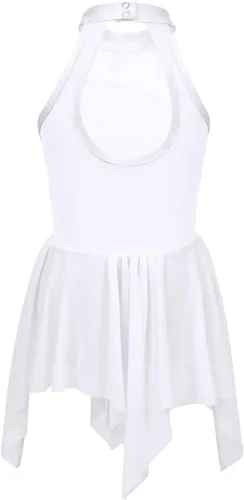 Miniatura 30 de YiZYiF Vestido de baile de lentejuelas para niños y niñas, leotardo de ballet, cuello alto, vestido lírico, traje de rendimiento irregular