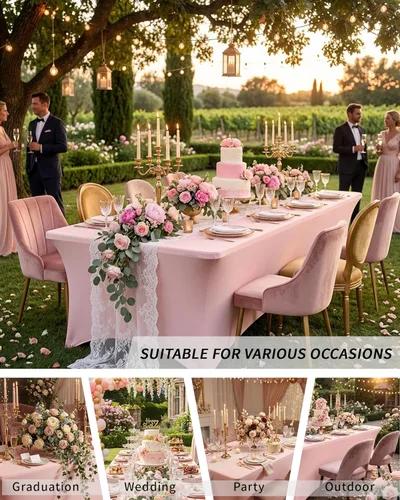 Miniatura 7 de Fixwal Manteles rosas para mesas rectangulares de 8 pies, paquete de 2 manteles elásticos de elastano ajustables para fiestas, ferias, banquetes